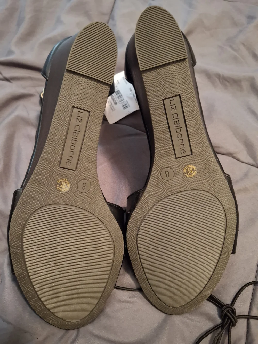 Liz Claiborne Black Leather Wedge Sandals with Gold Buckle Accents